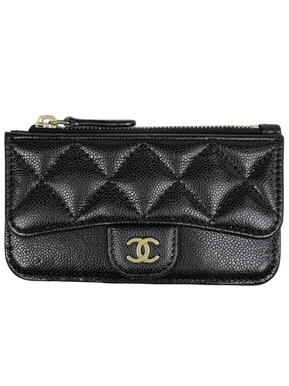 Chanel CC Logo Coin Purse Card Case Quilted Caviar Leather Black AP
